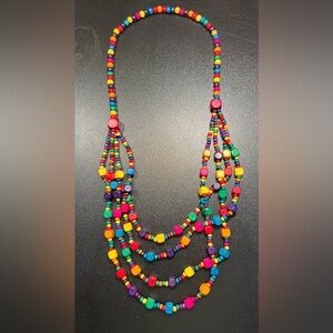 Colorful Multi Layer Bohemian Festival Tribal Exotic Wood Bead Tropical Necklace
